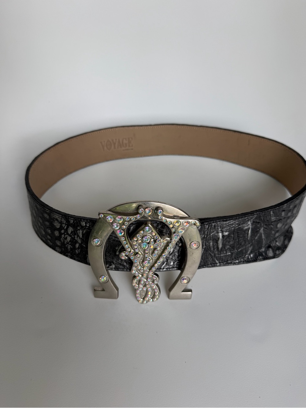 Voyage Black Embossed Leather Belt with Crystal-Accent Silver Horseshoe Buckle